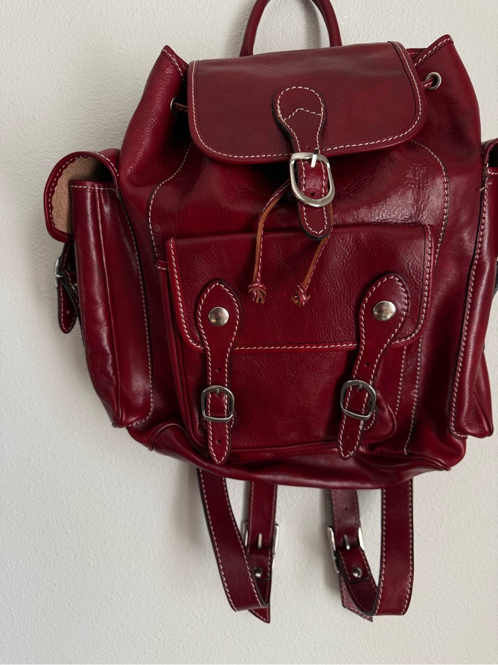 Genuine Leather Deep Red Backpack Multi-pocket - Picture 7 of 13